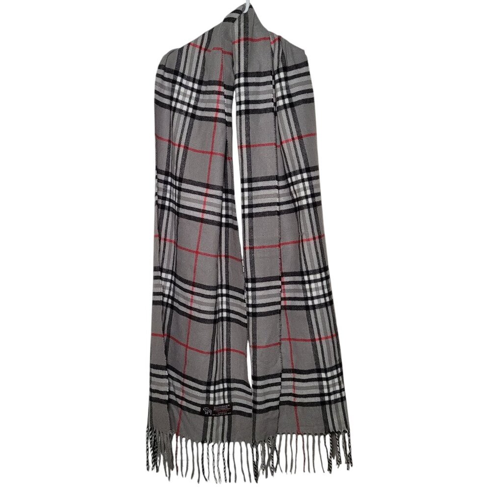 Cashmere Blend Womens Scarf Fringe Italy Design Gray Black Red Plaid Preppy
